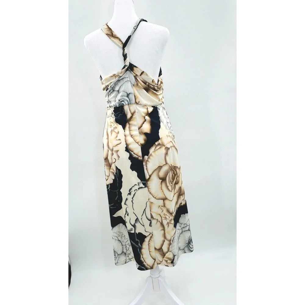 Newport News Halter Maxi Dress L Floral Beige Black‎ Stretch Boho Coastal Chic - Picture 4 of 10